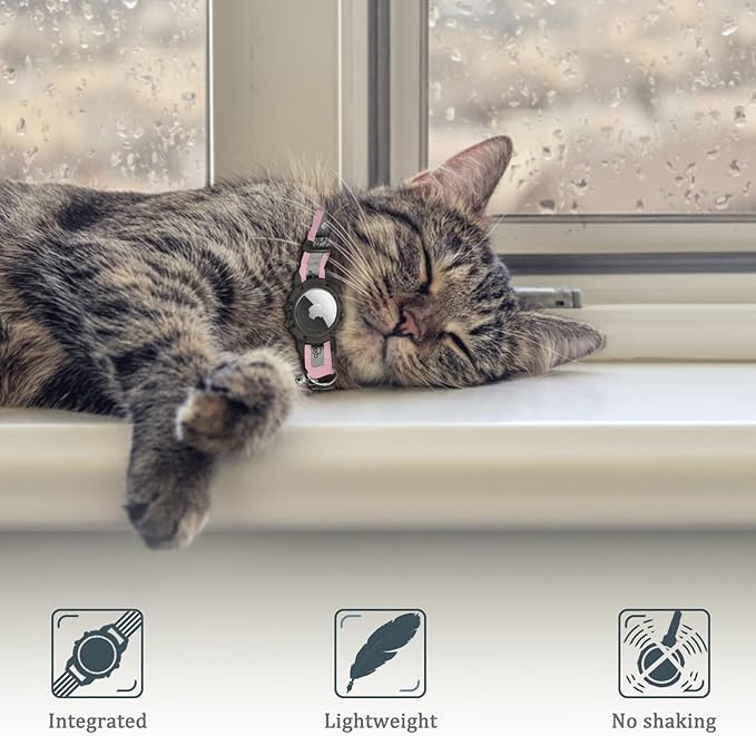 Reflective AirTag Cat Collar, Integrated Cat Tracker Collar with Air Tag Holder and Bell, Safety Elastic Band Cat GPS Collars for Girl Boy Cats, Kittens and Puppies (Pink, S)