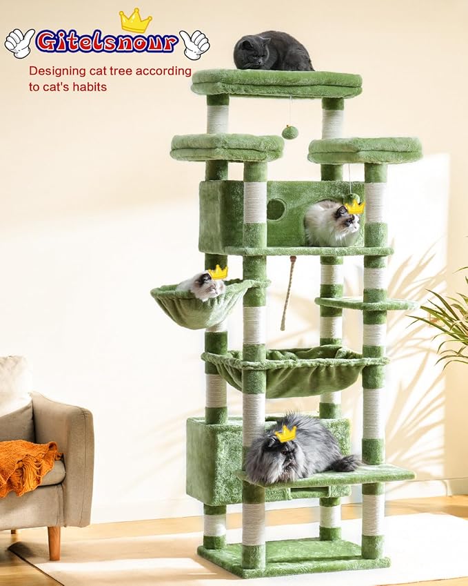 Cat Tree for Indoor Cats Large Adult, 74" Cat Tower with 3 Big Platforms, 2 Baskets, 2 Condos, Multi-Level Cat Scratching Posts, Green GCT030GR