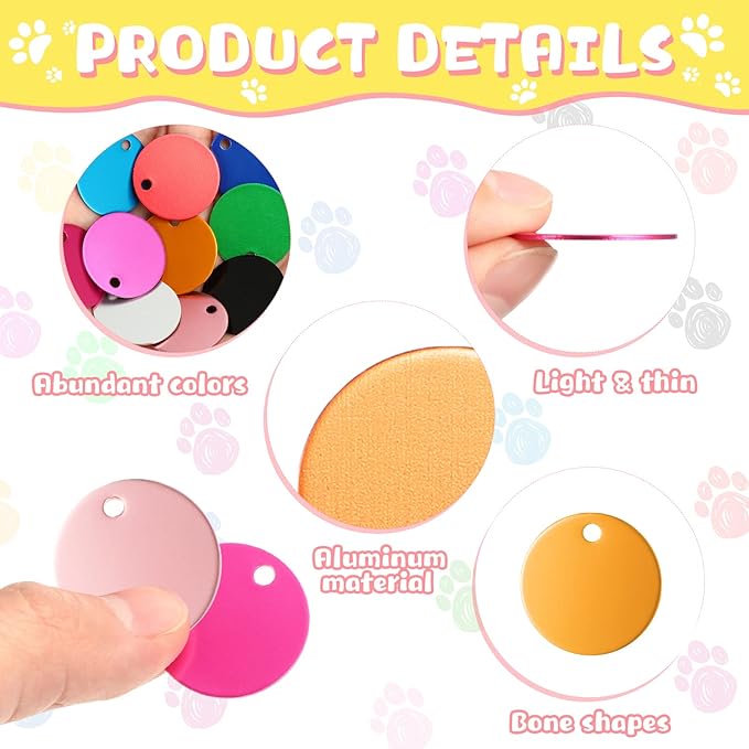 Sadnyy Blank Dog Pet Tags 25 mm for Engraving Aluminum Round Discs Smooth Metal Colorful Double Stamping Tag Pendants with Hole for DIY Craft Pet Charm Supplies(100 Pcs)