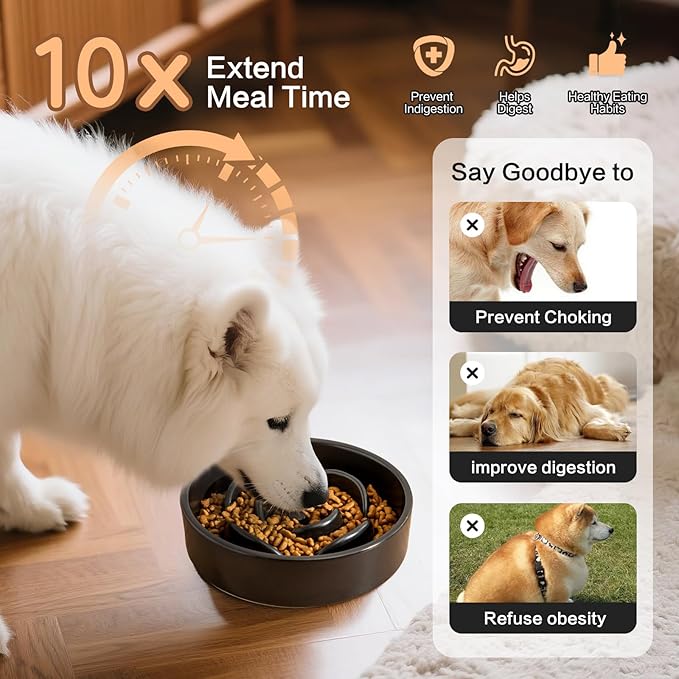 6'' Ceramic Slow Feeder Dog Bowls - Petal Shape Modern Dog Food Dish for Cats and Small Breed Dogs, Puzzle Maze Bowl to Slow Down Eating, Anti-Gulping, Dishwasher & Microwave Safe, Black