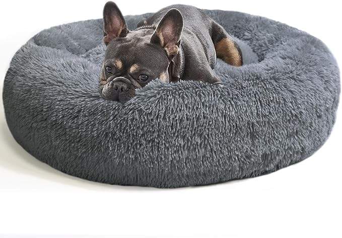 Dog Ded,Cat Beds for Indoor Cats, 23 inches Cat Bed Machine Washable, Fluffy Round Pet Bed Non-Slip, Calming Soft Plush Donut Cuddler Cushion Self Warming for Small Dogs Kittens, Dark Grey 31.5IN