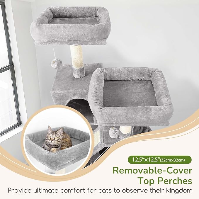 Globlazer Large Cat Tree Tower for Indoor Cats, 74in Tall Sturdy Cat Tree Condo for Large Cat with Scratching Posts and Board, Cat Condos for Adult Cats Kittens, Top Perches，Pet Bed, F74D, Light Grey