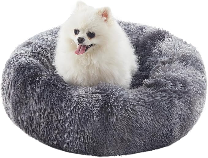 23 inches Donut Dog Bed for Small Dogs - Calming Washable Round Puppy Bed with Removable Cover, Fluffy Plush Pet Bed for Cats & Dogs, Fits up to 25 lbs Pets (Tie-dye Grey,Small)