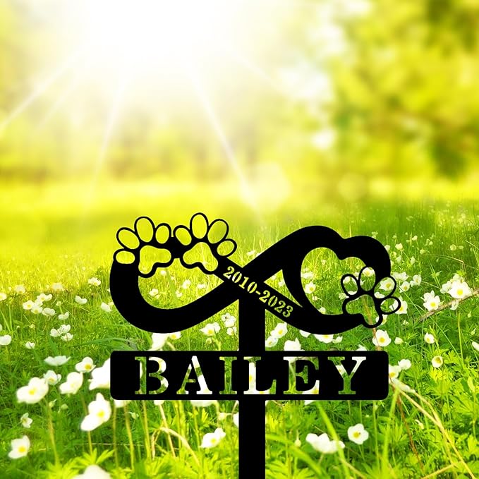 Custom Dog Cat Name Memorial Grave Stake, Personalized Pet Memorial Stake Metal Engraved Sign, Customized Cat Dog Memorial Grave Marker with Paws Heart Pet Memorial Plaque Burial Stake