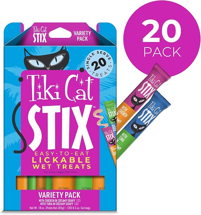 Tiki Cat Stix Mousse Treats, Single Serve Indulgent Lickable Treat or Dry Food Topper, Variety Pack, 0.5 oz. Servings (20 Count)