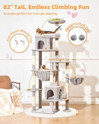 Taoqimiao 83In Heavy Duty Cat Tree, Suitable 20lb+ Large Cats, XXL-Cat Tower for Indoor Cats Large Adult, 2 Luxurious Cat Cando with 8 Scratching Posts,Oversized Metal Hammocks, Light Gray MS032W