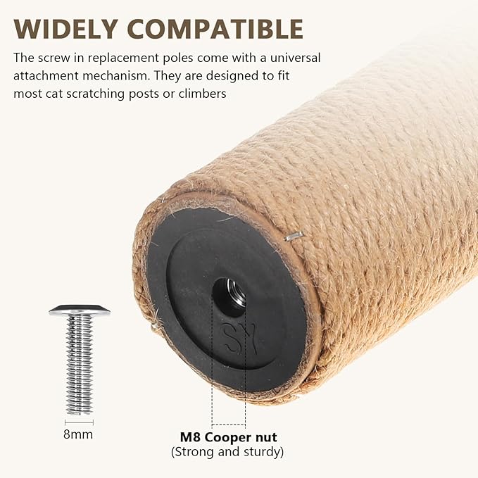 SUPVOX 2 Pcs Cat Scratching Post Parts: 15.7 x 2.4 Inch Cat Scratching Post Pole, 5 mm Jute Rope with ABS Plastic Pole - Cat Scratcher Posts Replacement with M8 Screws