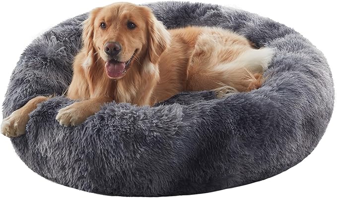 36 inches Donut Dog Bed for Large Dogs - Calming Fluffy Round Pet Bed with Removable & Washable Cover,Fits up to 100 lbs Pets (Tie-dye Grey,Large)