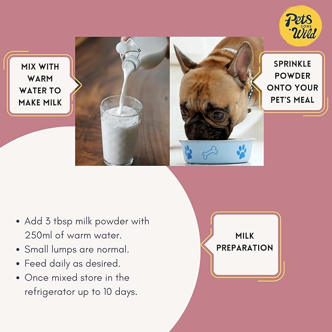 Pets Gone Wild Goat Milk Powder, Non-GMO, Picky Eater Friendly, Liquid Gold High Protein Supplement for Gut Health, Immunity & Hydration Ideal as Milk or Food Topper, Made in Canada