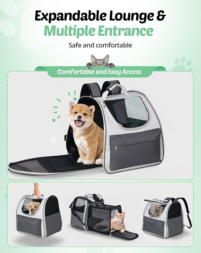Large Cat Backpack Carrier, Expandable Roomy Pet Carrier Backpack for Medium Cat/Small Dog Puppy Under 18lbs, Breathable Foldable Dog Backpack Travel Airline Approved for Camping Outdoor, Gray