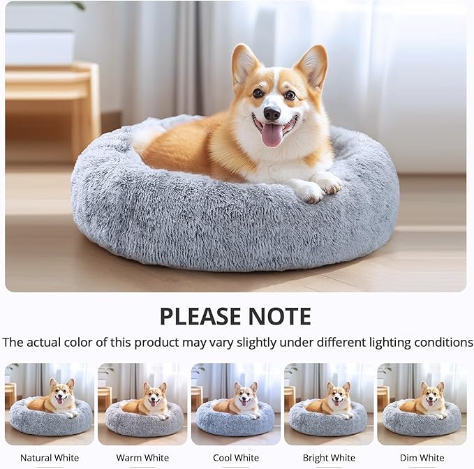 JOLLYVOGUE Calming Dog & Cat Bed for Small Dogs, Anti-Anxiety Donut Cuddler Cozy Soft Round Bed with Anti-Slip Bottom, Fluffy Faux Fur Plush Cushion Beds for Small Medium Dogs (20")