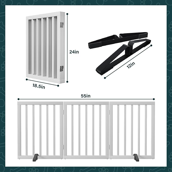 Semiocthome Bamboo Freestanding Dog Gates for Doorways,3-Panel Indoor Puppy Gates for the House with 2 Metal Stands,24"H Folding Pet Gate for Stairs Expands Up to 55"W Fully Assembled Stair Gate White