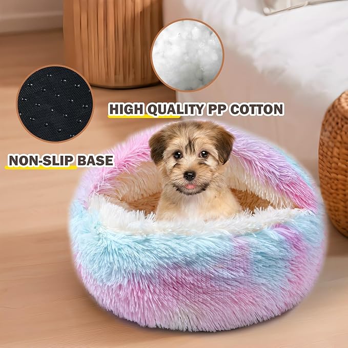 Cat Bed for Indoor Cats, Calming Cozy Cave with Self-Warming Plush, Entire Bed Machine Washable & Anti-Slip Base, Breathable Pet Bed for Small Cats&Dogs All Seasons (Dazzling colors, 24*24inch)