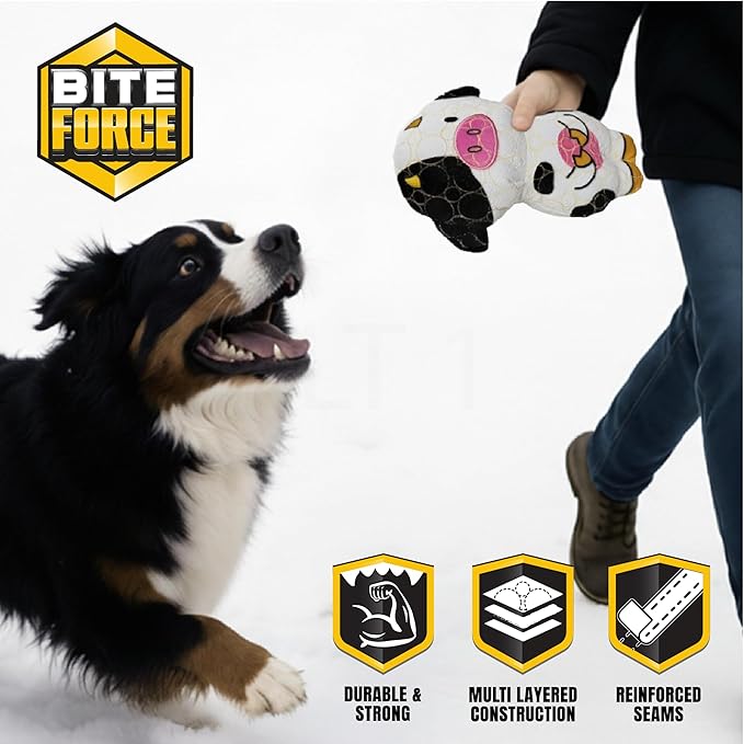Bite Force -Durable & Strong Dog Toy Cow with Squeaker, Kevlar-Reinforced for Aggressive Chewers for Small Medium Large Dogs - White and Pink.