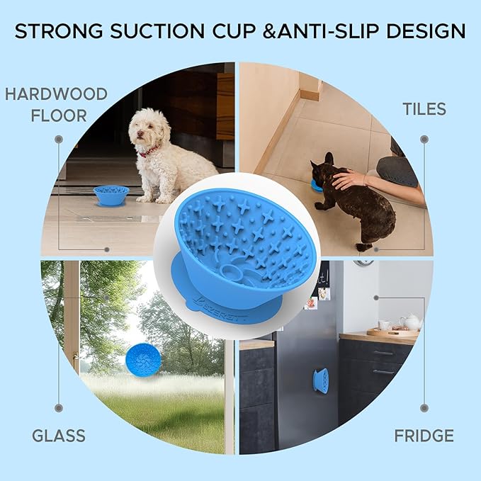 Dog Lick Bowl – Silicone Lick Mat for Dogs with Freeze Bone, Slow Feeder, Non-Slip Base, Includes Brush & Scraper, Large Opening for Anxiety Relief & Oral Health, Ideal for Frozen Treats (Blue)