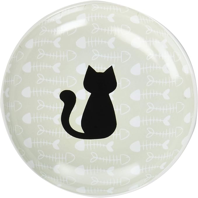 PetRageous 16069 Fishbone Kitty Stoneware Cat Saucer 5-Inch Diameter 2.5-Ounce Capacity for Wet or Dry Cat Food, Brown