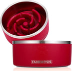 64 OZ Dog Bowl with Slow Feeder Insert Stainless Steel Pet Water Bowl for Medium & Large Breed Non Slip Rubber Base & Plastic Puzzle Feeder - Red