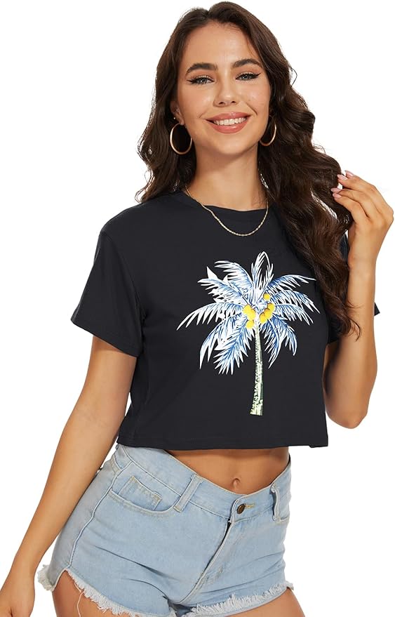 Womens Summer Crop Tops Short Sleeve Round Neck T-Shirts Loose Fit Casual Blouse