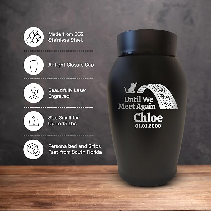 Personalized Custom Small Keepsake Urn Engraved with Pet Name, Date and Cat Design - 5.2" Black Powder Coated Steel Cremation Urn for Cat Ashes | 12-16 lb Capacity, Rainbow