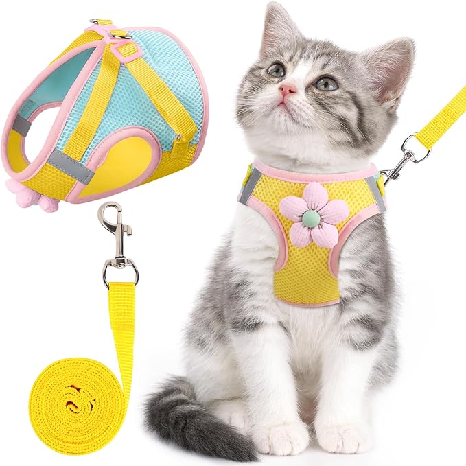 Cat Harness and Leash Set for Walking Escape Proof, Adjustable Kitten Harness Breathable Mesh with Reflective Strips Harness with Flower for Kitty Puppy Bunny Yellow XS