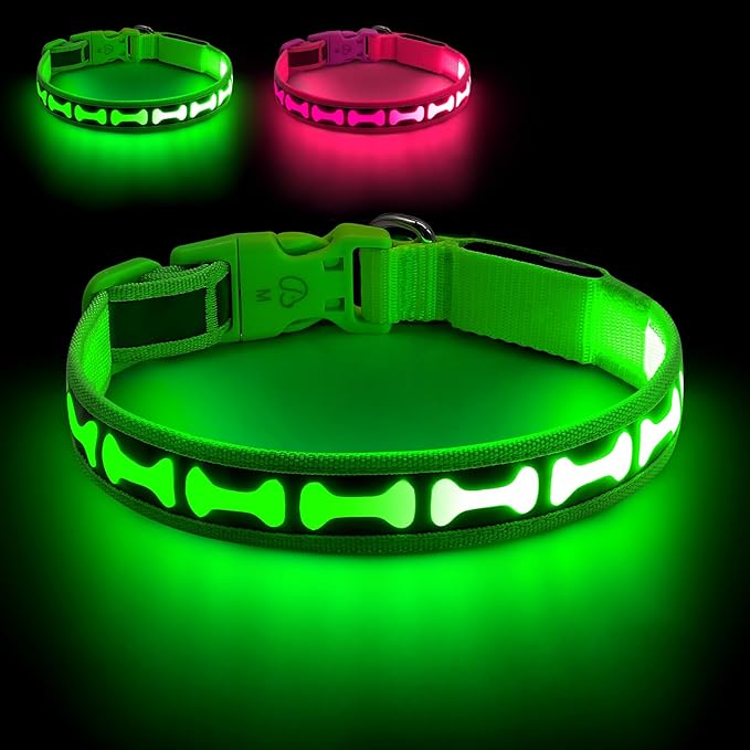 Flashseen Light Up Dog Collars, Adjustable LED Dog Collar Rechargeable, Glow in The Dark Dog Collars Super Bright Glow Collars for Night Walking for Dogs (Green, Medium)