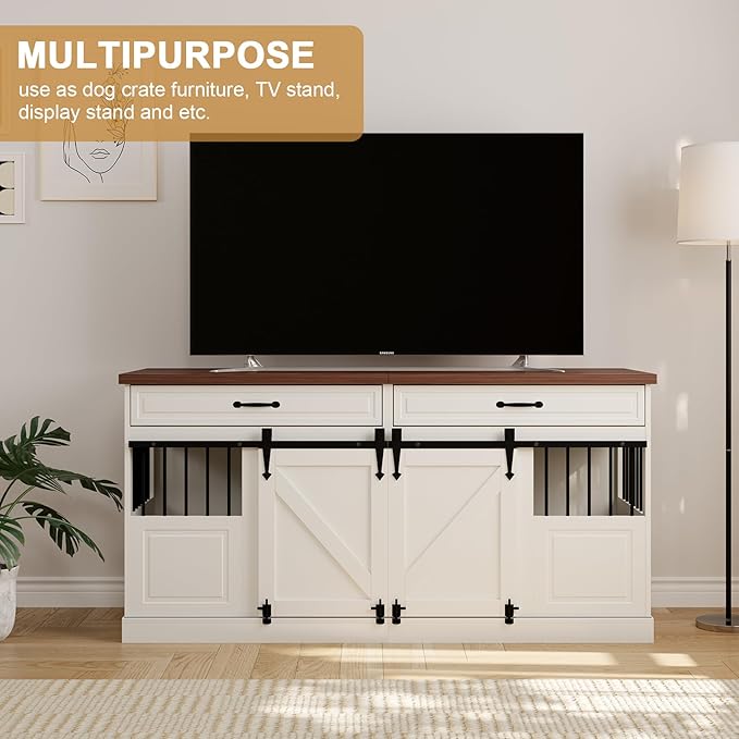 Large Dog Crate Furniture - Wooden Indoor Dog Kennel Furniture for 2 Dogs with Sliding Barn Door and Removable Divider, Heavy Duty Dog Crate Table, 63" L x 23.6" W x 31.5" H, White