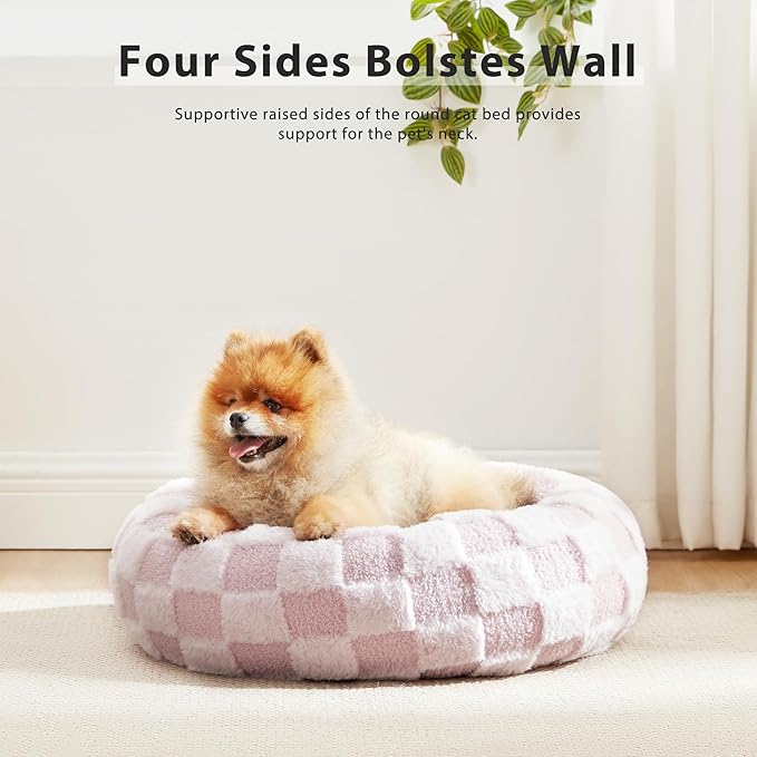 Love's cabin Round Donut Cat and Dog Cushion Bed, 20in Pet Bed for Cats or Small Dogs, Anti-Slip & Water-Resistant Bottom, Super Soft Durable Fabric Pet beds, Washable Luxury Cat & Dog Bed Pink Plaid