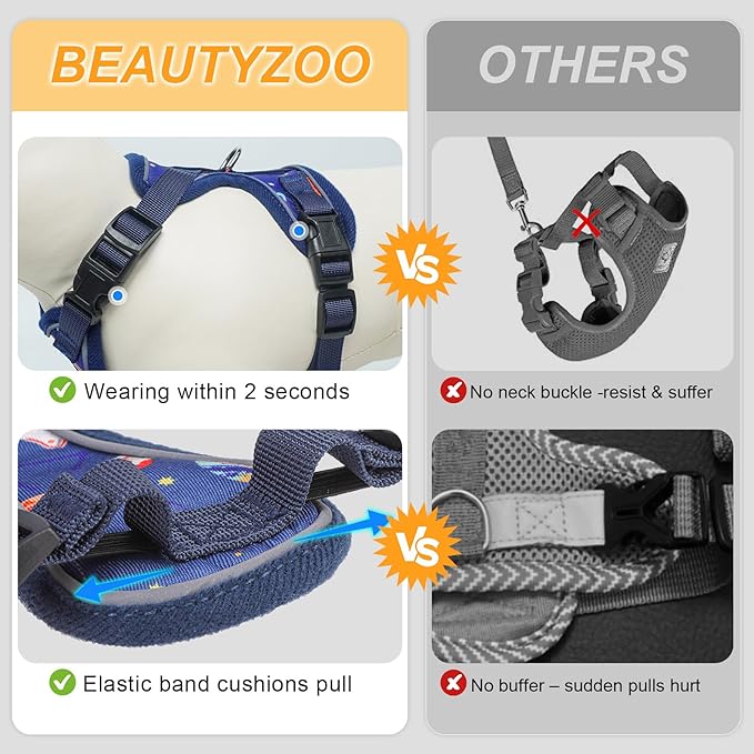 BEAUTYZOO Cat Harness and Leash Escape Proof for Walking[MAX Safety Upgrade]- Neck Release Adjustable Harness for Cats Puppy,Soft Comfortable Lightweight & Reflective Travel Kitten Harness for Outdoor