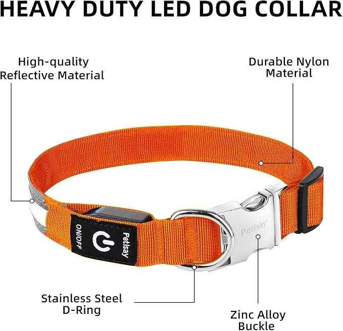 PetIsay LED Dog Collar Metal Buckle - Heavy Duty Light up Collars - Rechargeable IP68 Waterproof - Lighted Dog Collar for Night Walking, Hiking, Camping (Small, Orange)