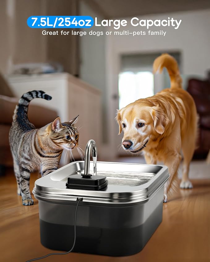7.5L/254oz Dog Water Fountain with 4 Filters, Stainless Steel Pet Water Dispenser for Large Dogs, Large Automatic Dog Water Drinking Fountain Dog Water Bowl Dispenser, Easy to Clean, Quiet Pump