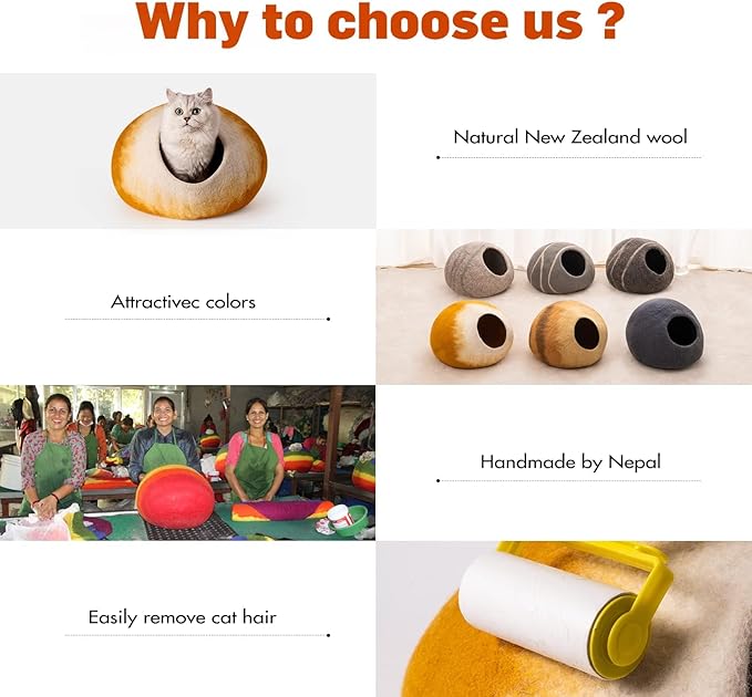 Cat Cave Bed -Handmade Wool Cat Bed Cave, Cat Bed Cat House, Felt Cat Caves for Indoor Cats and Kittens(Yellow/White)