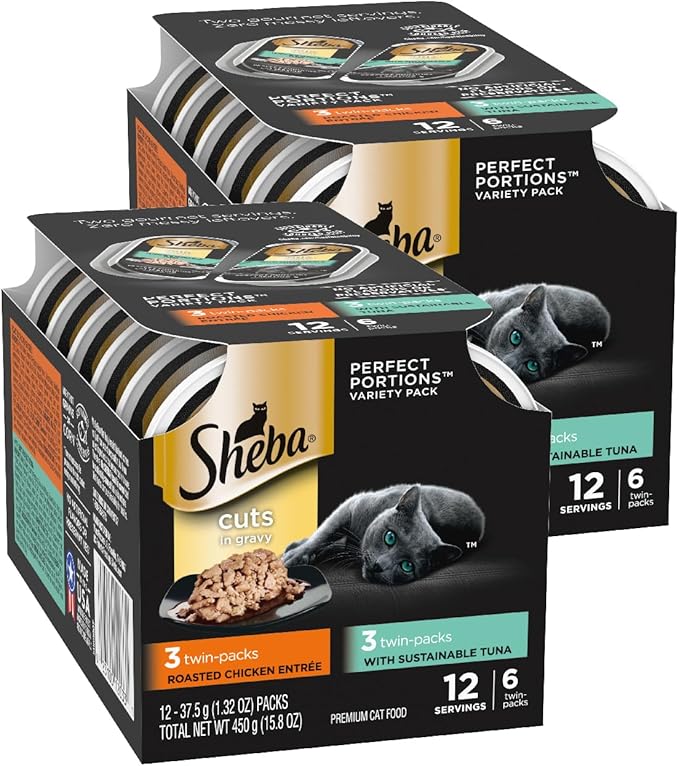 Sheba Perfect Portions Wet Cat Food Cuts in Gravy, with Sustainable Tuna, Roasted Chicken Entree, 2.6 oz. Twin-Pack Trays (6 Count, 12 Servings) (Pack of 2)