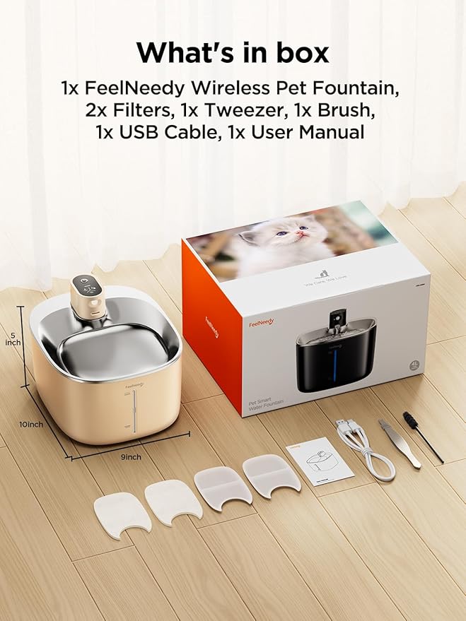Cat Water Fountain Battery Operated, 4L/135 fl oz Pet Water Fountain for Cats and Dog with Motion Sensor, Ultra Quiet Cat Drinking Fountain with 2 Filters (Beige YPD-C004P)