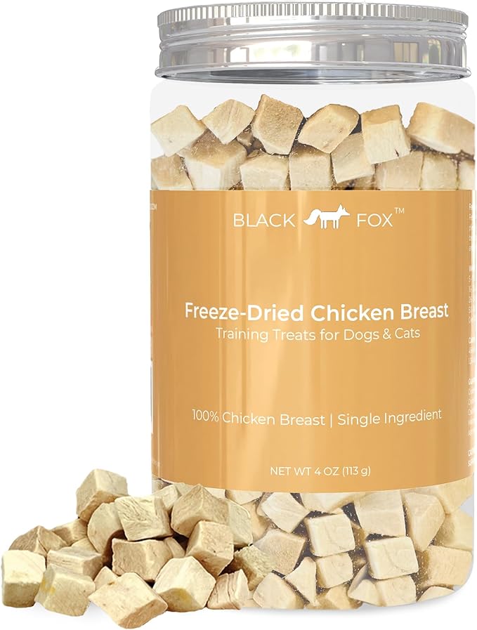 BLACK FOX Freeze-Dried Chicken Breast Training Treats for Dogs and Cats | 330 Treats, 4oz Single Ingredient, Raw, Healthy, All Natural, Human Grade, Recyclable Packaging