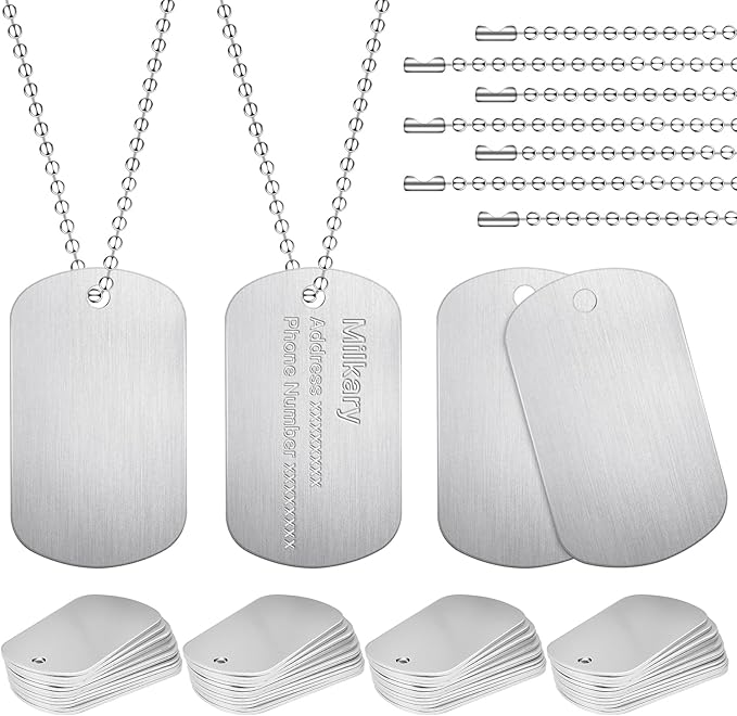100Pcs Military Dog Tags, Rectangle Blank Metal Stamping Tags Set Including 50Pcs Aluminum Blank Dog Tags 50Pcs Ball Steel Chains Personalized Pets Tags for DIY Decorative Craft (Sliver)