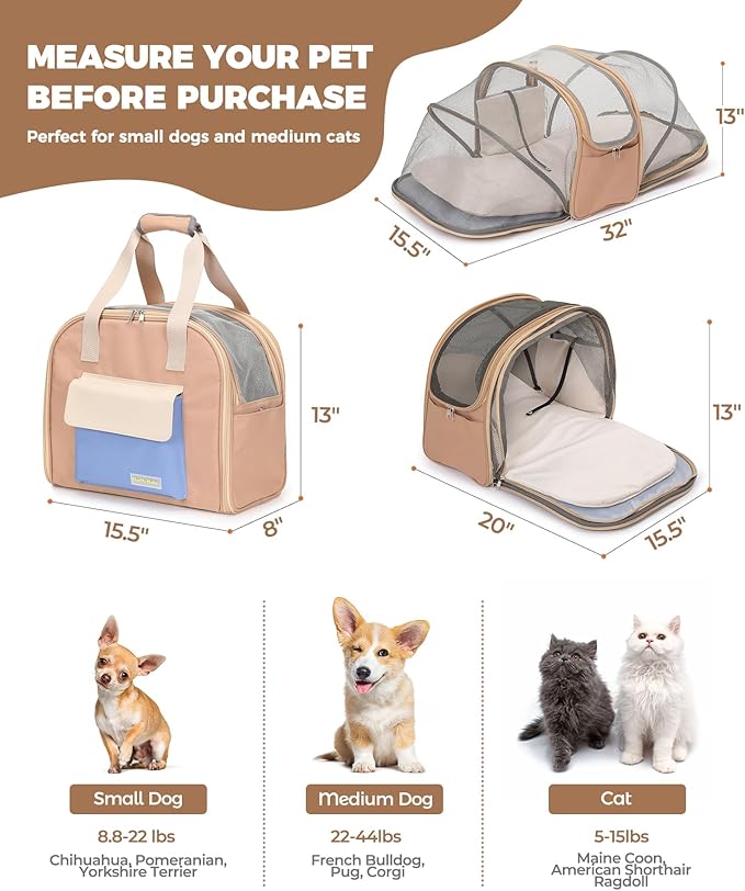 Expandable Pet Carrier Backpack, Cat Carrier Backpacks with Breathable Mesh for Cats Small Dogs Puppies Up to 25 Lbs Airline Approved Waterproof Travel Carrier with Safety Buckle for Hiking & Flights