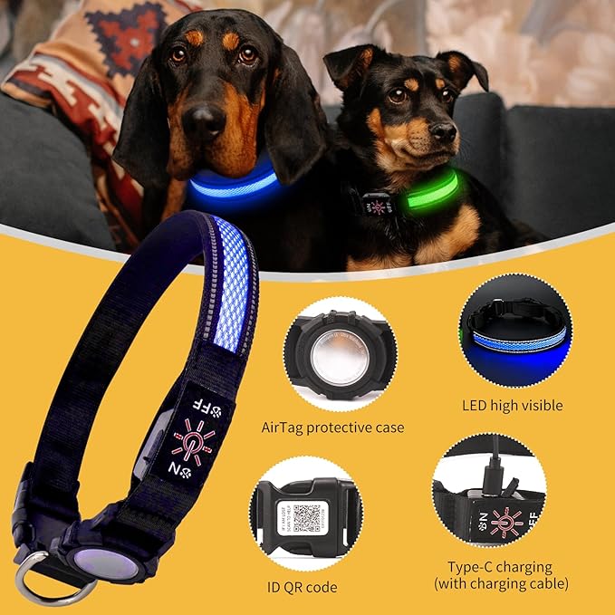AirTag Dog Collar with QR Code & LED Light, IP68 Waterproof Rechargeable Pet Collar with Reflective Strips, Durable Airtag Holder for Medium/Large Dogs (Blue, L(20-24 in))
