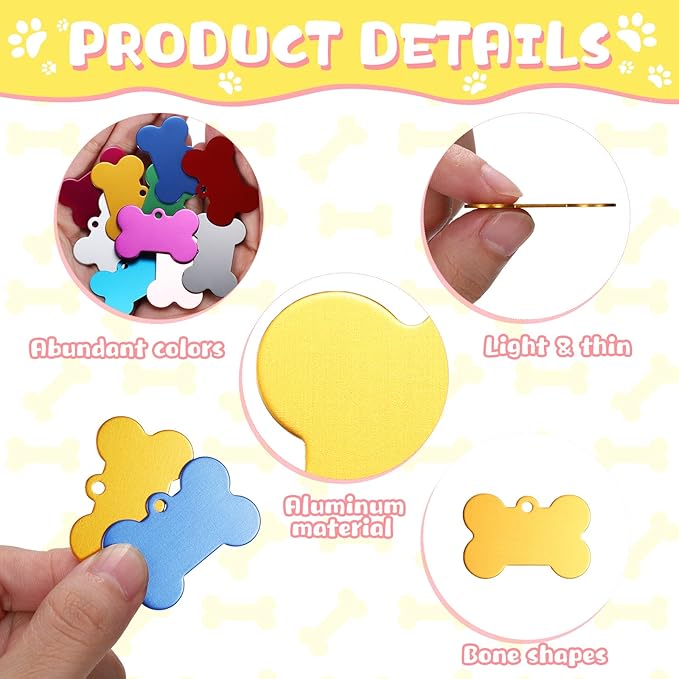Roowest 100 Pcs Blank Dog Pet Tags for Engraving 38mm Aluminum Bone Shape Name Tag Colorful Double Sided Dog Cat Phone Number Pendants