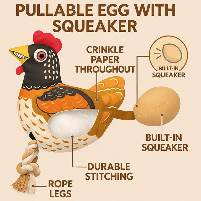 Squeaky Chicken Dog Toy with Pullable Egg – Full-Body Crinkle Plush & Rope Legs, Durable Interactive Toy for Small, Medium & Large Dogs