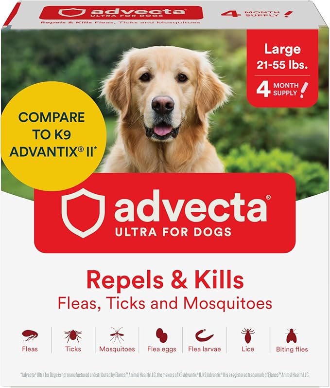 Advecta Ultra Flea and Tick Prevention for Dogs - Large Dog Flea and Tick Treatment & Control - Mosquito Repellent - Fast Acting Waterproof Topical Drops, 4 Month Supply