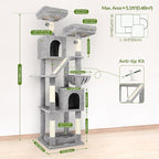 Globlazer Large Cat Tree Tower for Indoor Cats, 74in Tall Sturdy Cat Tree Condo for Large Cat with Scratching Posts and Board, Cat Condos for Adult Cats Kittens, Top Perches，Pet Bed, F74D, Light Grey