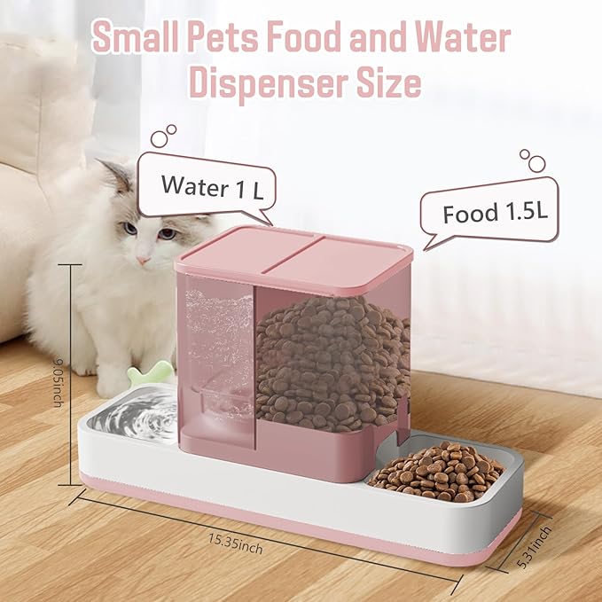 Automatic Small Pet Feeder and Water Dispenser, 2 in 1 Gravity Cat Auto Cat Small Medium Dog Feeder and Waterer Set Dish for Puppy Kitten Pets (Pink)