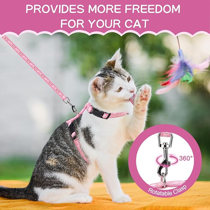 PAWCHIE Cat Harness with Leash and Collar Set - Escape Proof Adjustable H-shped Cat Harness with Star and Moon Pattern Glow in The Dark for Kitty Outdoor Walking, Pink M