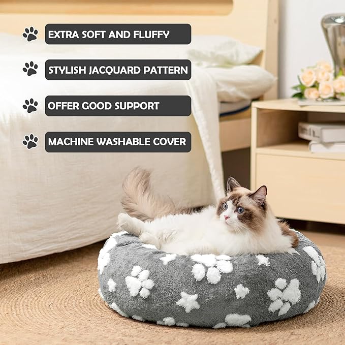 Donut Dog Beds for Medium Dogs, Calming Round Cat Beds for Indoor Cats, Cute 3D Textured Paw Pet Bed with Removable Washable Cover and Anti-Slip Bottom（Grey，30"）