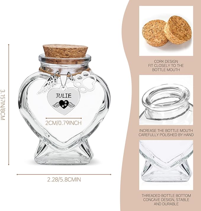 Personalized Pet Memorial Bottle,Engraved Heart Glass Urn for Dog & Cat Ashes/Fur, Custom Pet Name & Paw Print Keepsake, Pet Loss Memorial Gift for Pet Hair Memorial Keepsake