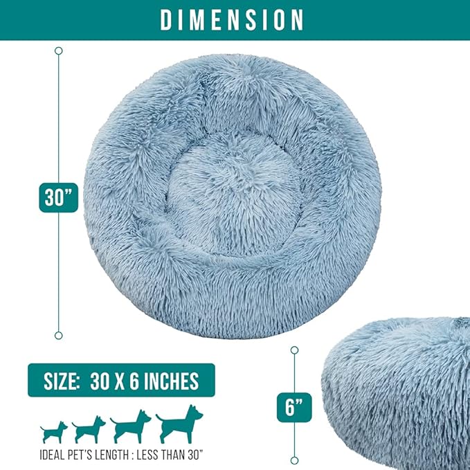 PetAmi Calming Dog Bed for Small Medium Dog Cat, Round Donut Washable, Fluffy Faux Fur Plush Cuddler Pet Kitten Cushion, Anti-Slip, Fits up to 45 lbs, 30 inch, Dusty Blue