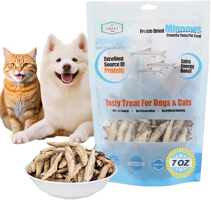 Amzey 7oz Minnows Dog Treats - Freeze Dried Minnows Cat Treats - High Protein & Premium Quality Training Treats - Bulk Package (1.6" to 2.8" Length Each)