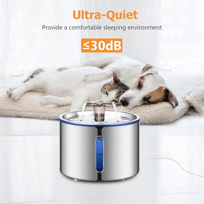 Cat Fountain, 84oz/2.5L Stainless Steel Pet Water Fountain, Automatic Dog Water Dispenser, Water Level Window, Ultra-Quiet Pump, Perfect for Cats, Dogs and Multiple Pets, 4 Filters