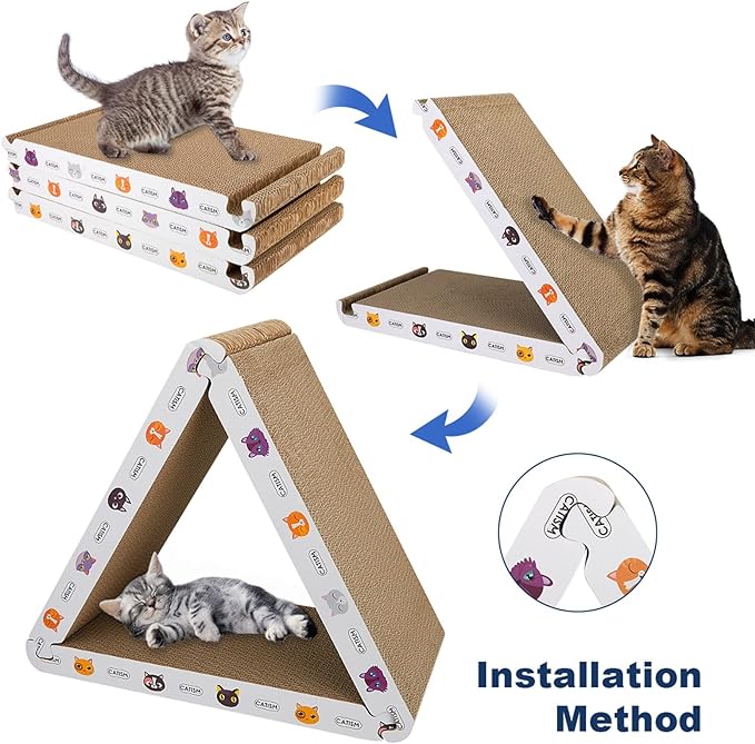 CATISM Cat Scratcher Cat Scratching Board - Foldable - Triangle, 6 Usable Sides Scratchers for Indoor Cats, Durable Recyclable Cats Cardboard Vertical(Pack of 3)