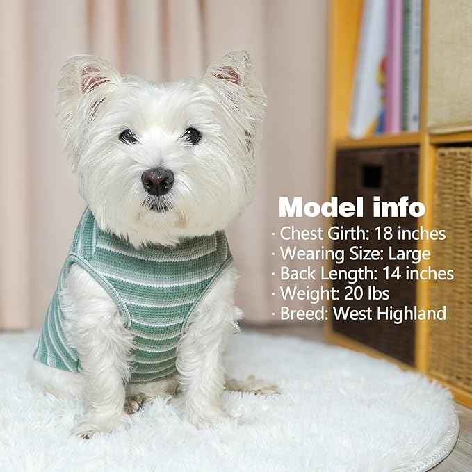 KYEESE 2Pack Waffle Dog Shirts for Small Dogs Stretchy Dog T-Shirts Lightweight Pet Tank Top Sleeveless Striped Dogs Shrit Vest Breathable, Large, Green+Striped